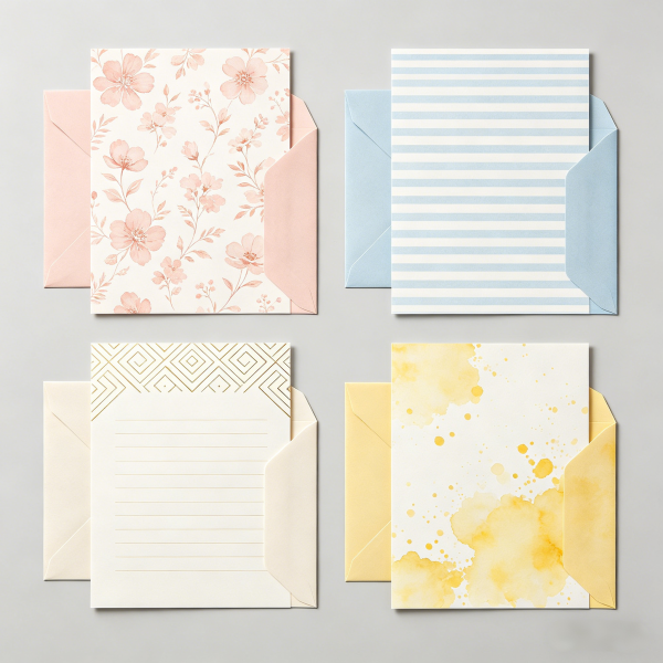 4-Design Greeting Card & Envelope Set, Floral/Stripe/Geometric/Watercolor Stationery Kit