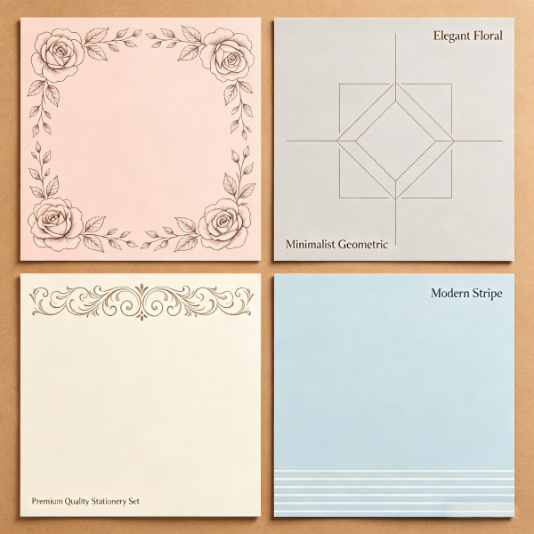 4-Style Square Stationery Paper Set, Elegant Floral/Geometric/Stripe Notepaper for Greeting Cards