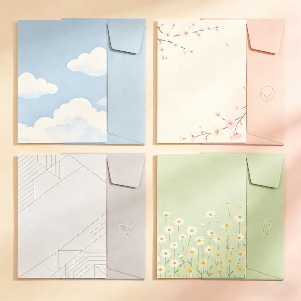 4-Design Nature-Inspired Stationery Set with Envelopes, Cloud/Cherry Blossom/Daisy Letter Kit